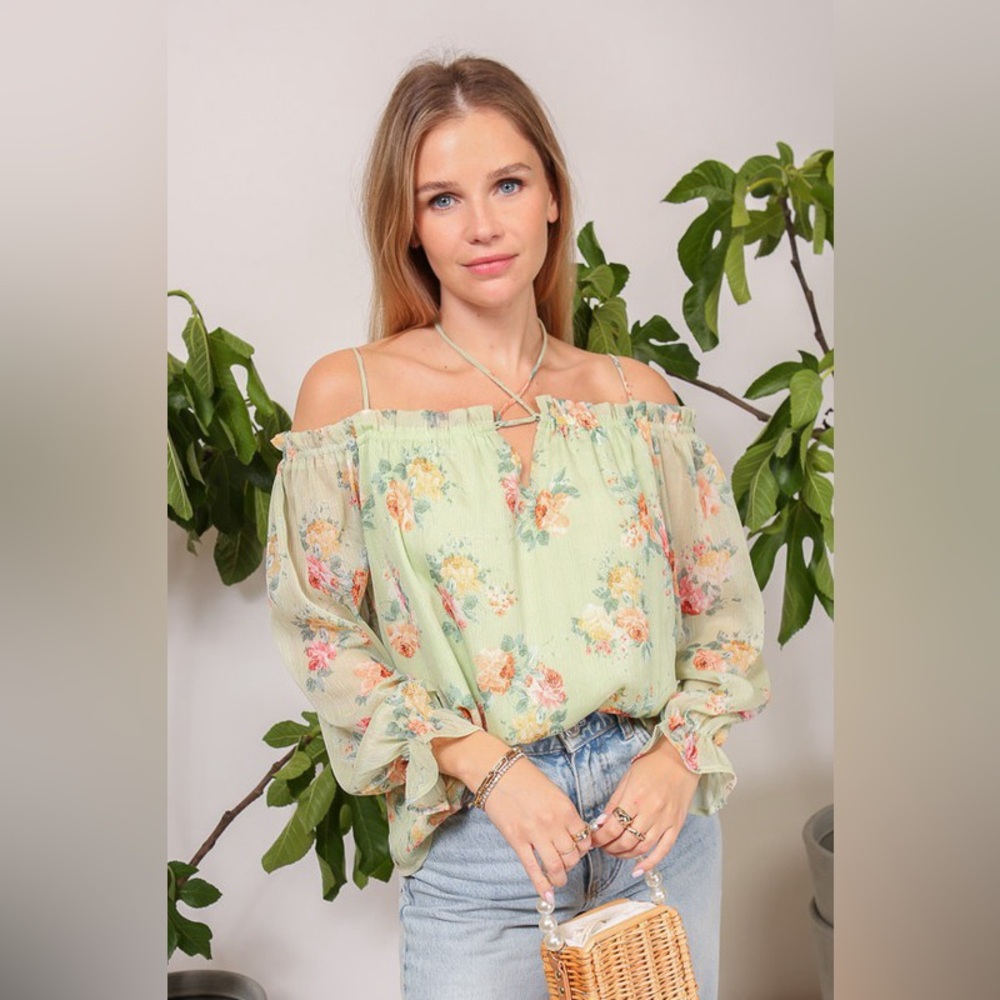 Anthropologie Mint Green Floral Off-Shoulder Blouse